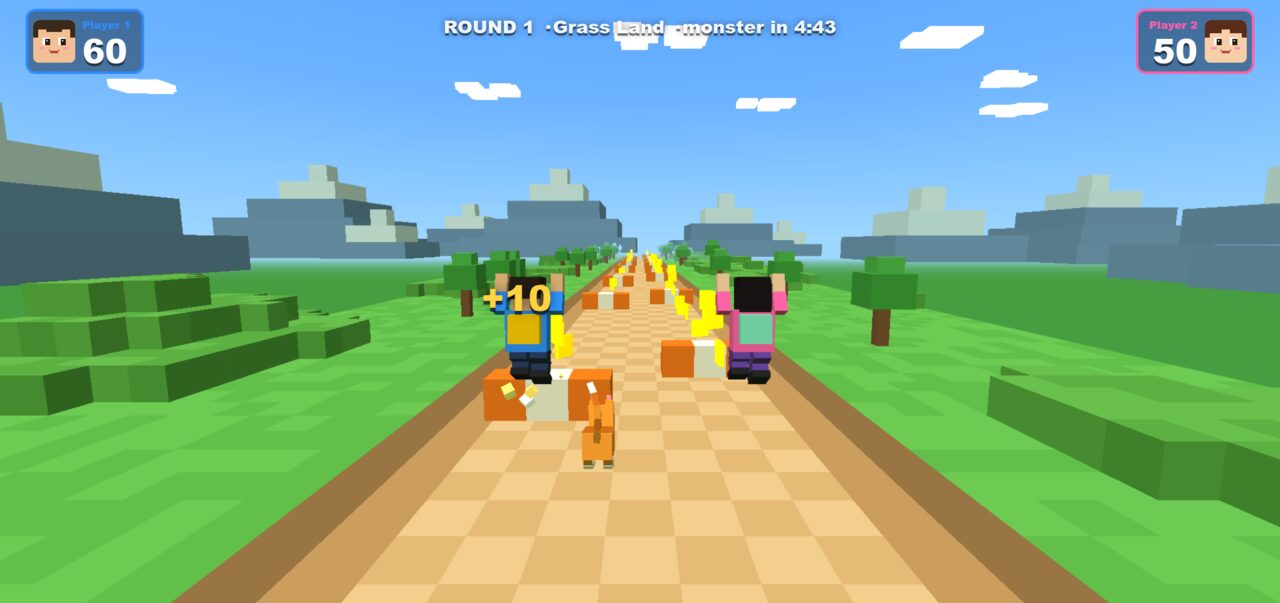 Two blocky runners jump over hurdles in Grass Land while the orange cat runs between them